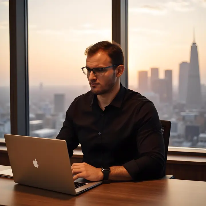 Guilherme Resende trabalhando no notebook, com a cidade ao fundo