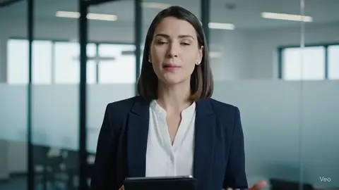 Apresentadora de blazer falando para a câmera num escritório