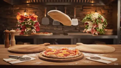 Bancada de pizzaria com pizzas e arranjos decorativos