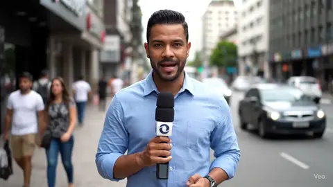 Repórter de rua com microfone de TV numa calçada movimentada