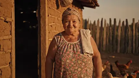 Senhora sorrindo em frente a uma casa na roça